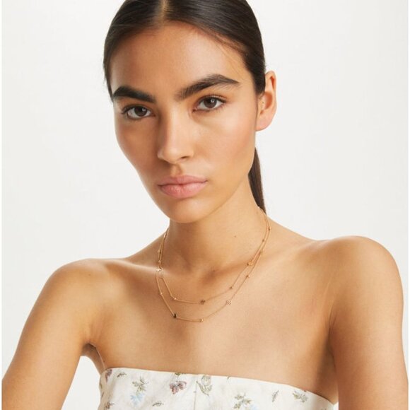 Beautiful Tory Burch Gold Layered Kira Linear Necklace and Earring Set - Picture 5 of 8